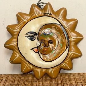 Vintage Mexican Terracotta Pottery Sun Moon Wall Hanging 10.5" Colorful Folk Art